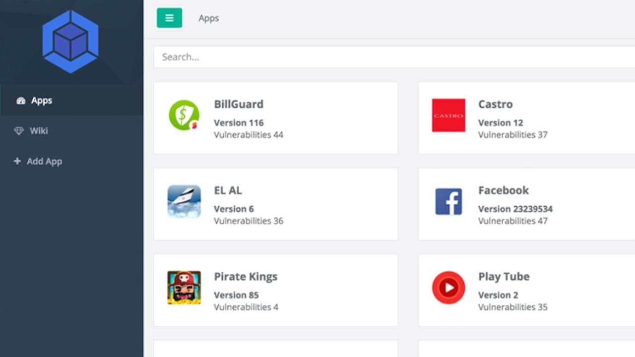The AppInside dashboard listing apps with their versions and vulnerabilities