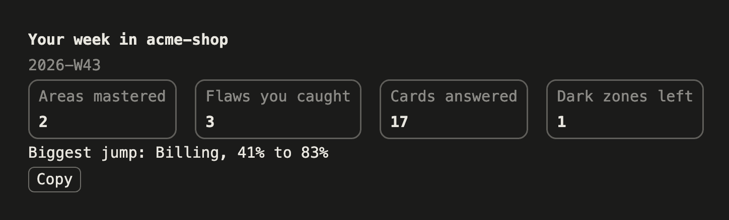 Codebase Wrapped: tiles for areas mastered, flaws caught, cards answered and dark zones left, with the biggest jump and a Copy button