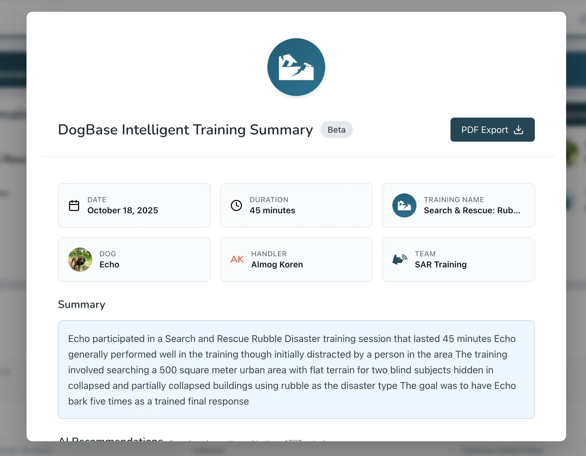 DogBase AI: an Intelligent Training Summary of Echo’s rubble search session