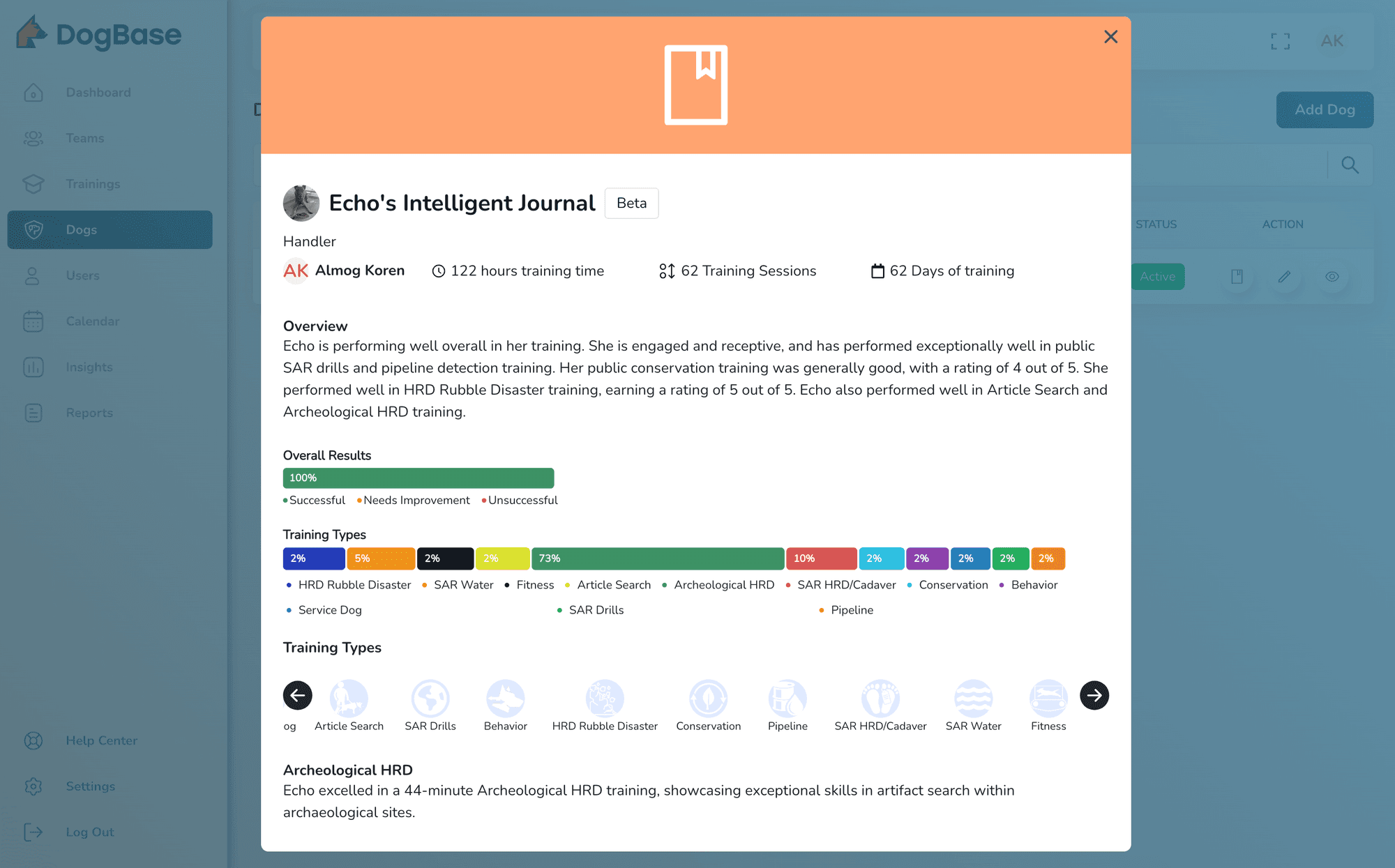 DogBase showing Echo’s AI training journal: an overview, results and training types