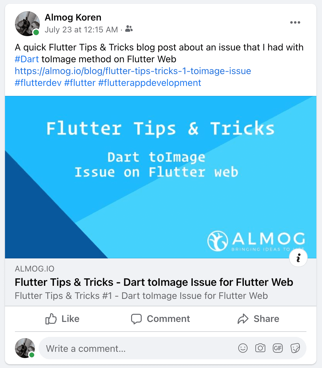 A Facebook post sharing an almog.io article with a full link preview card