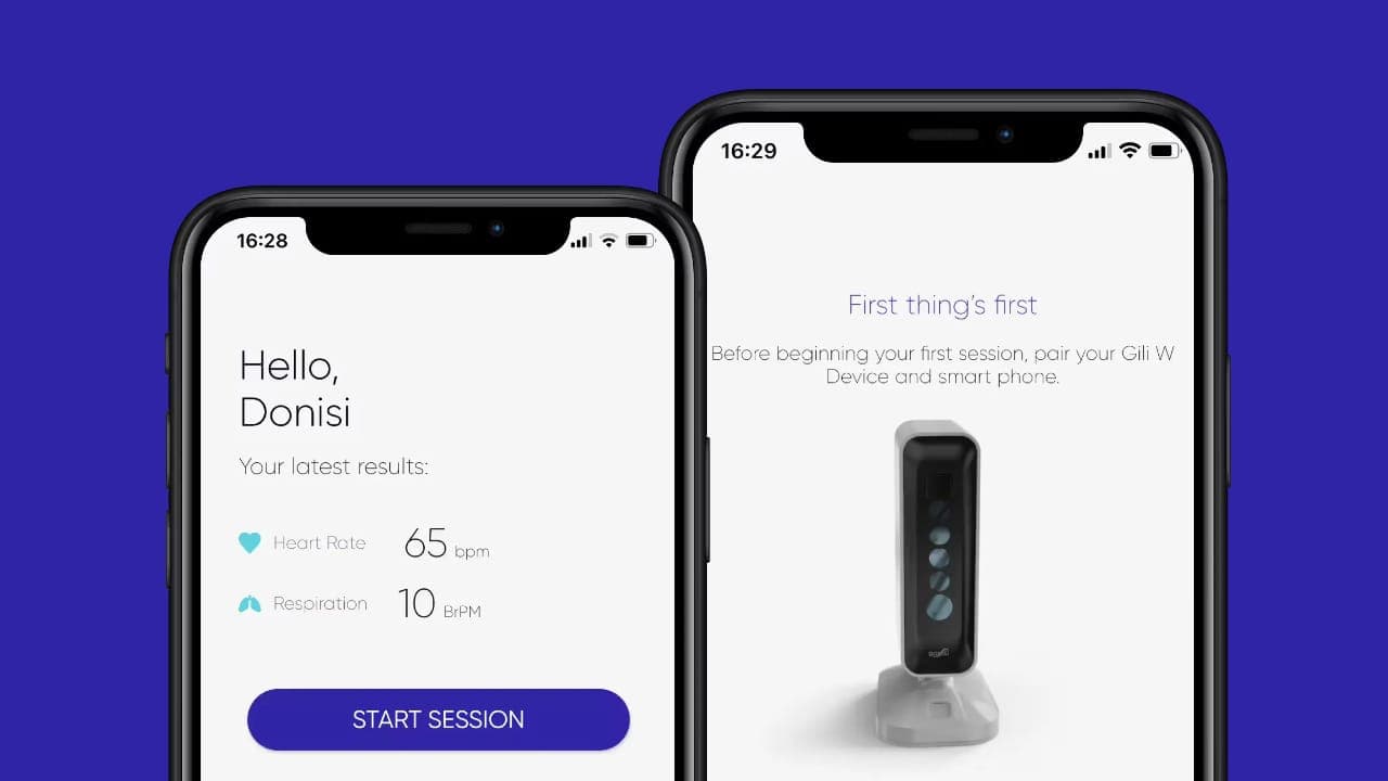The Gili W app on two iPhones: the home screen and sensor pairing