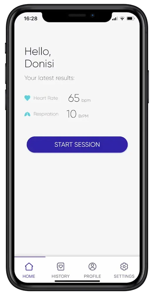 Gili W home screen with the latest heart and respiration rates