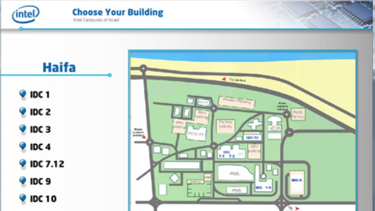 Intel lobby kiosk with a campus map of the Haifa buildings