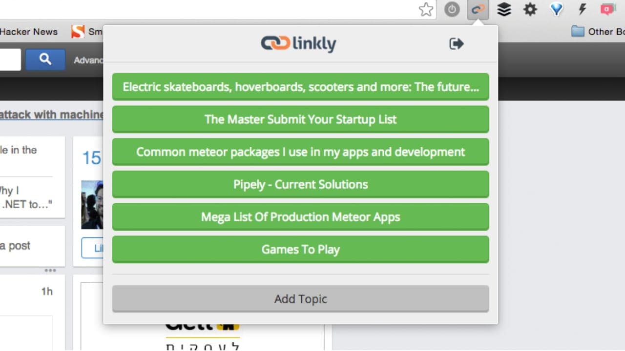 The Linkly browser extension showing shared topics