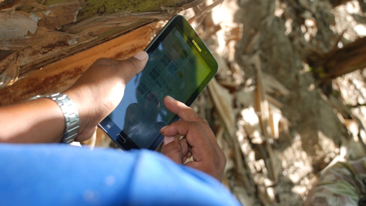 A farmer using Platfarm on a tablet in the field