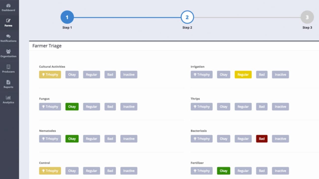 Platfarm’s farmer triage form, with a status for each crop area