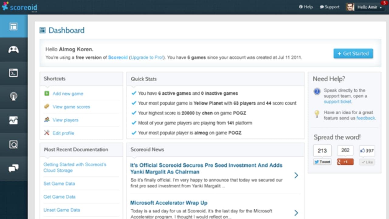 The Scoreoid developer dashboard: games, quick stats and company news