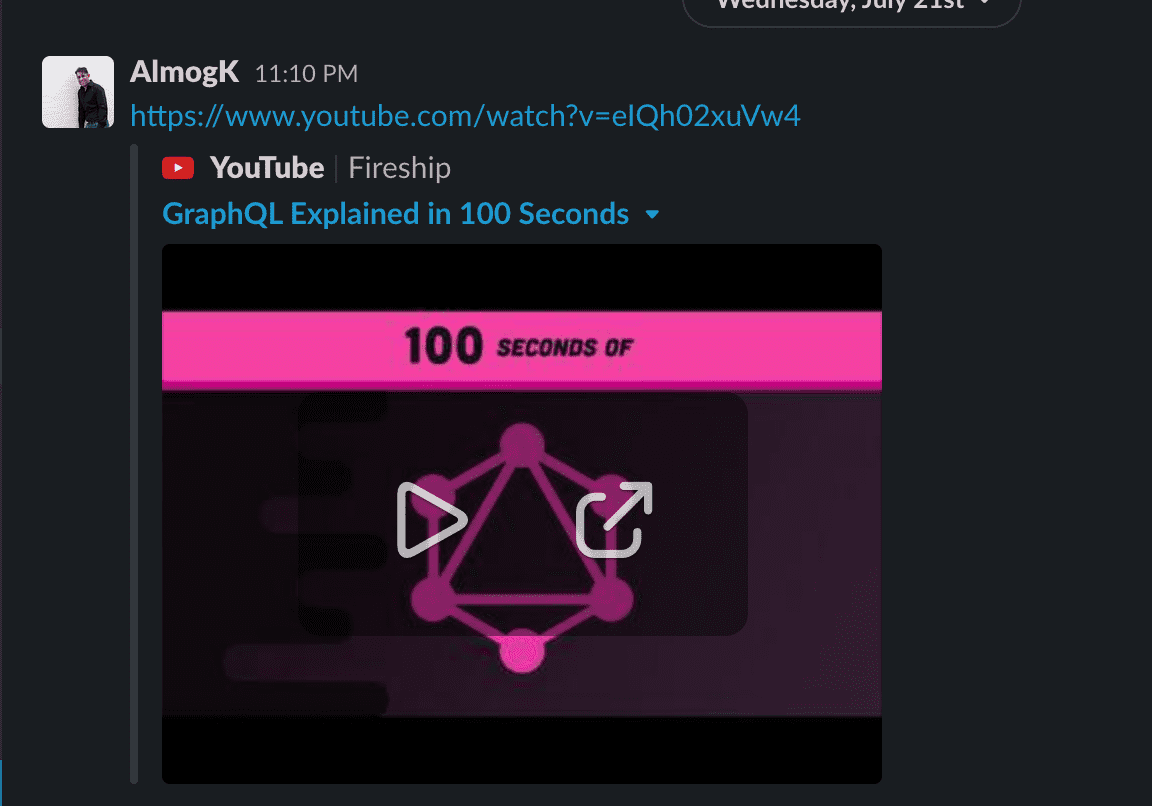A Slack message where a YouTube link unfurls into a rich preview
