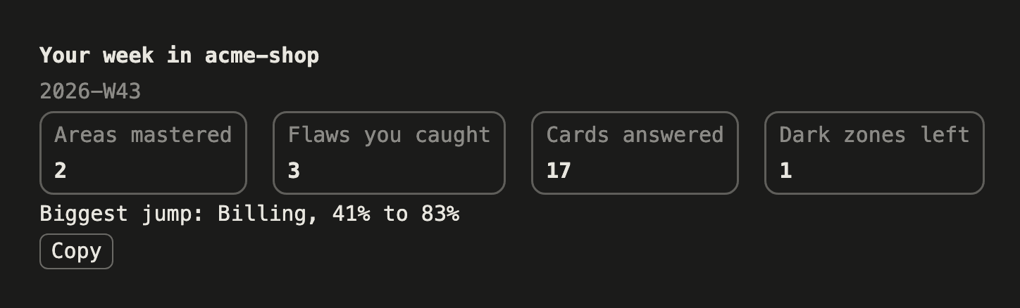 Codebase Wrapped: tiles for areas mastered, flaws caught, cards answered and dark zones left, with the biggest jump and a Copy button
