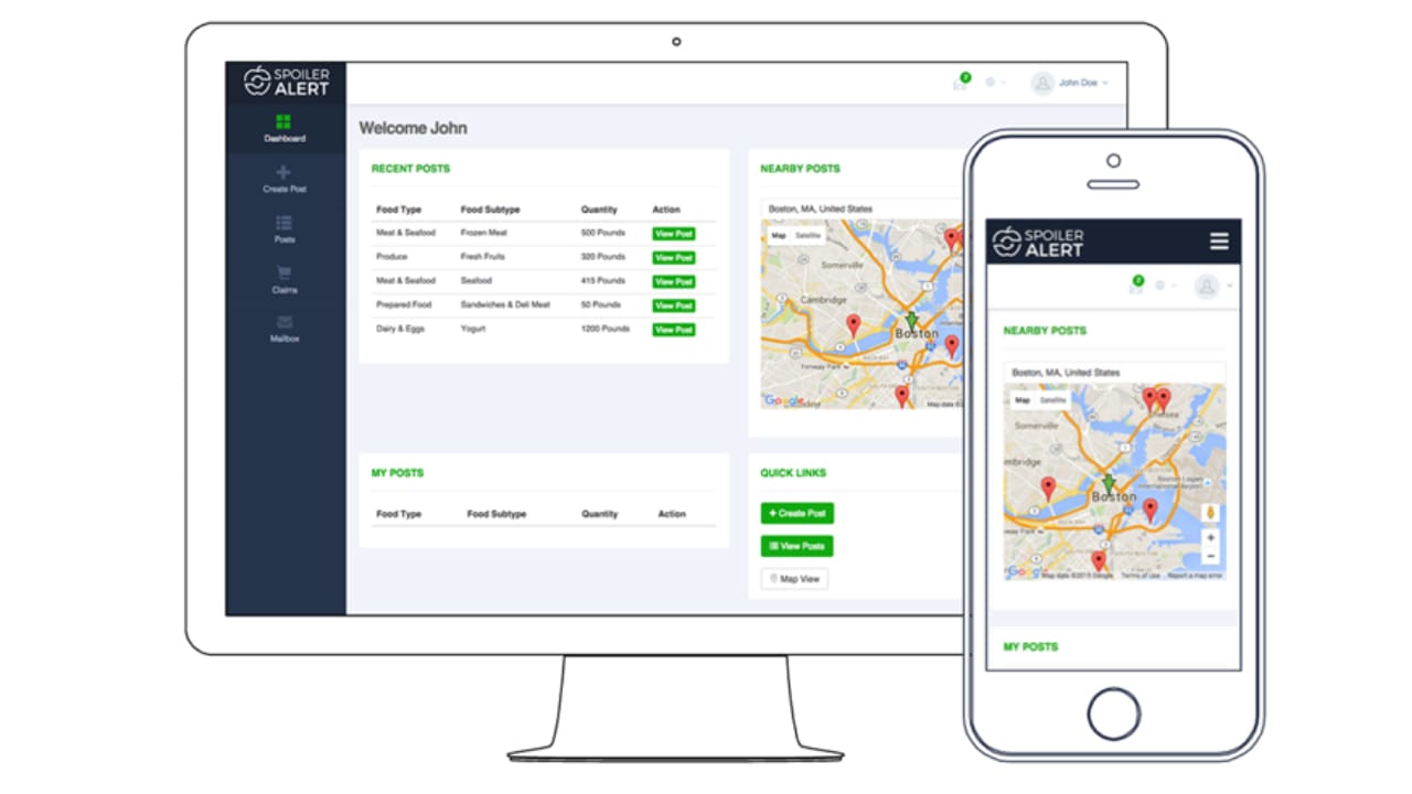 The Spoiler Alert marketplace on a desktop and a phone, with listings and a map