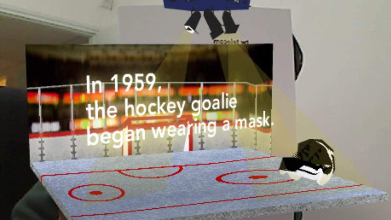 TW Telecom AR campaign: a 3D hockey rink and the line “In 1959, the hockey goalie began wearing a mask”